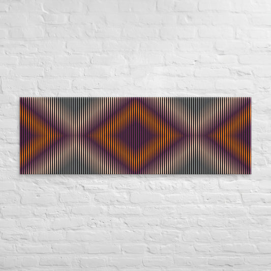 Cuadro abstracto con patrones de rombos en tonos morados, naranjas, beige y gris sobre pared de ladrillo blanco.